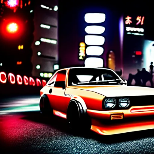 Image similar to a car s30 turbo drift at illegal car meet, Shibuya prefecture, city midnight mist lights, cinematic lighting, photorealistic, highly detailed wheels, high detail