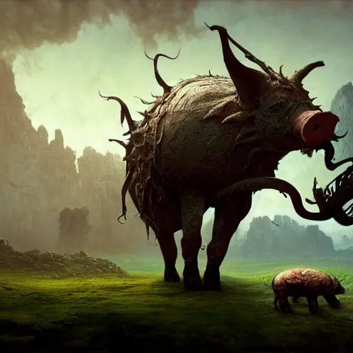 Prompt: A giant pig-monster made of grotesque things in Elden Ring, fullbody, intricate, demonic, video game art, highly detailed, artstation, green field with village ruins, concept art, smooth, sharp focus, illustration, art by greg rutkowski and orientalism and bouguereau and Zdzislaw Beksinski, good clear quality, lighting, biology, symmetrical artwork, perfect face, 135 mm, cinematic, hyper realism, high detail, octane render, 8k, chrome accents