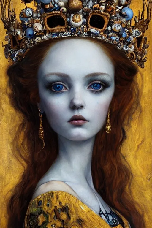 Image similar to The Princess of Bones by Karol Bak, Jean Deville, Gustav Klimt, and Vincent Van Gogh, portrait of a porcelain doll princess wearing a crown, beautiful porcelain ball-joint doll face, BJD, pale blue eyes, mystic eye, otherworldly, crown made of bones, ornate jeweled crown, skulls, fractal structures, arcane, inscribed runes, infernal relics, ornate gilded medieval icon, third eye, spirals, rich deep moody colors