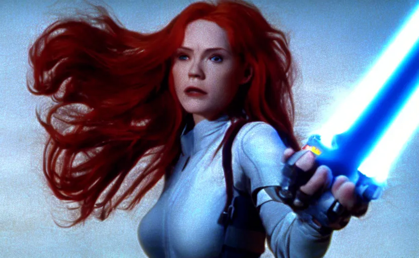 Prompt: screenshot of Julian Moore as Mara Jade, the female jedi in 1980s star wars film, with lightsaber from the film 2001 Space Oddyssey (1968) directed by Stanley Kubrick, 4k still frame, windy hair, cinematic lighting, stunning cinematography, hyper detailed scene, anamorphic lenses, kodak color film stock