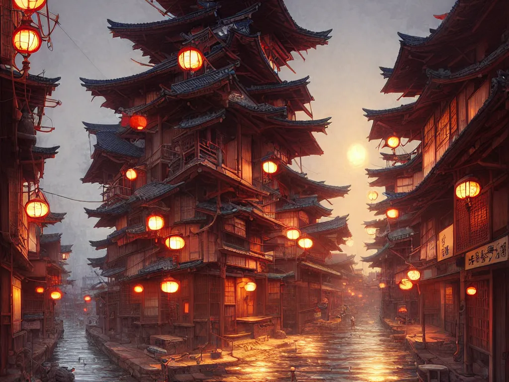 Image similar to old japanese street view from the harbor, d & d digital painting, intricate details, ultra realistic, beautiful, volumetric lighting, warm colors advance, cell shading, by james jean, greg rutkowski, gerald brom,