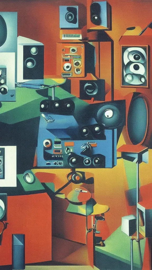 Image similar to a colorful painting of an electronic music studio by Rene Magritte