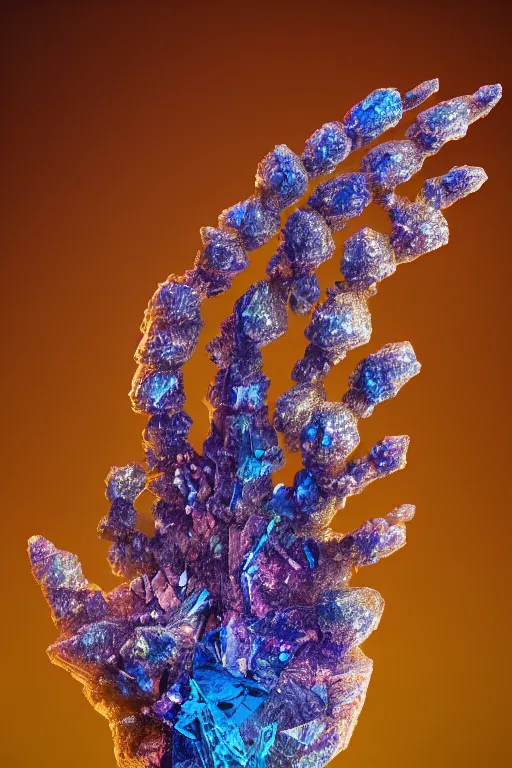 Prompt: a very beautiful crystalline hand carved from crystals and geodes, fractal, refraction, cinematic color grading, hyper - realism, elegant, detailed, octane render, 8 k