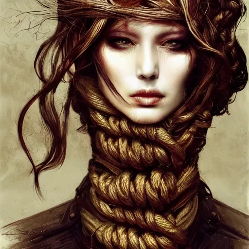 Image similar to portrait of a Shibari rope wrapped face and neck, headshot, insanely nice professional hair style, dramatic hair color, digital painting, of a old 13th century, traveler, amber jewels, baroque, ornate clothing, scifi, realistic, hyperdetailed, chiaroscuro, concept art, art by Franz Hals and Jon Foster and Ayami Kojima and Amano and Karol Bak,