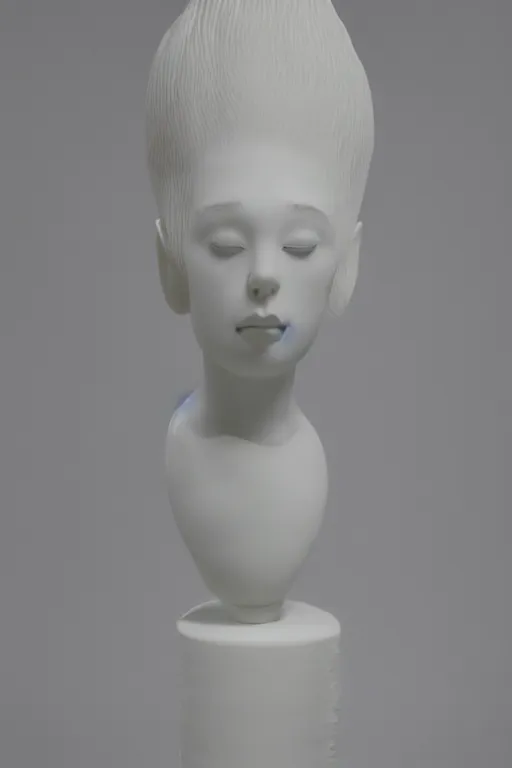 Prompt: full head and shoulders, beautiful female porcelain sculpture by daniel arsham and raoul marks, smooth, all white features on a white background, delicate facial features, white eyes, white lashes, detailed white, lots of 3 d giant lillies on the head, shocked expression, black glass eyes - n 9