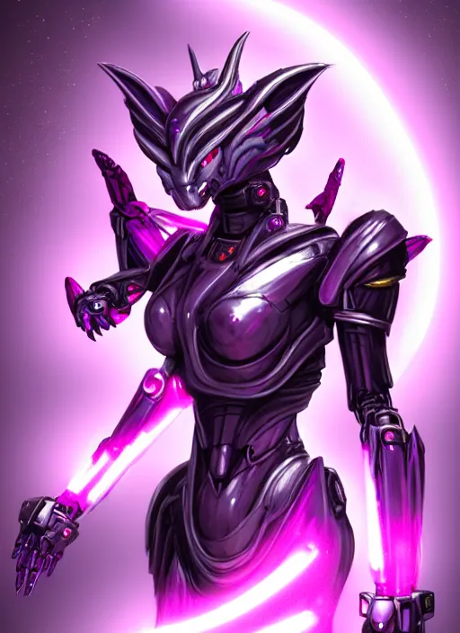 Prompt: cinematic goddess body shot, galactic sized beautiful stunning hot anthropomorphic robot mecha female dragon, sleek dragon head, metal ears, led purple eyes, smooth fuschia skin, smooth silver armor, floating in space, epic proportions, epic size, epic detail, furry art, dragon art, giantess art, warframe fanart, furaffinity, octane