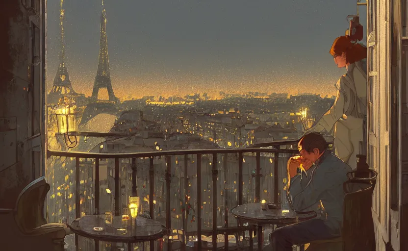 Prompt: gentleman drinking coffee at balcony in france, city with eiffel tower, late night raining, detailed characters, by greg rutkowski, alphonse mucha, beeple, sharp focus, digital art, smooth, light refraction, pixiv art, volumetric lighting, makoto shinkai