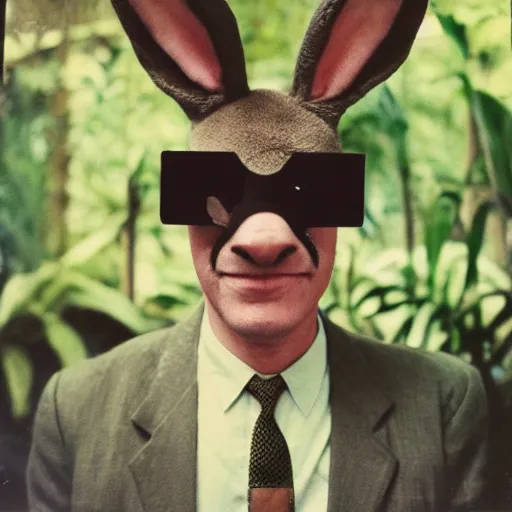 Image similar to grainy head to shoulder portrait Polaroid film photograph of a 1950's man wearing a rabbit mask in a tropical greenhouse. looking at the camera!!. super resolution. Extremely detailed. Polaroid 600 film. by Annie Leibovitz and Richard Avedon