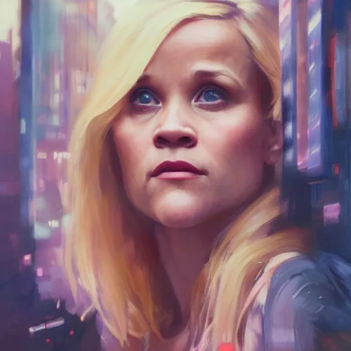 Image similar to reese witherspoon, hyperrealistic portrait, bladerunner street, art of elysium by jeremy mann and alphonse mucha, fantasy art, photo realistic, dynamic lighting, artstation, poster, volumetric lighting, very detailed face, 4 k, award winning