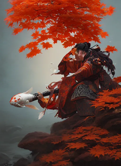 Image similar to koi themed samurai in autumn color kimono, subsurface scattering, by jesper ejsing, justin gerard, tomasz alen kopera, cgsociety and fenghua zhong, highly detailed, rim light, cinematic lighting, illustration, art, octane render, very coherent, cinematic, hyper realism, high detail, octane render, 8 k