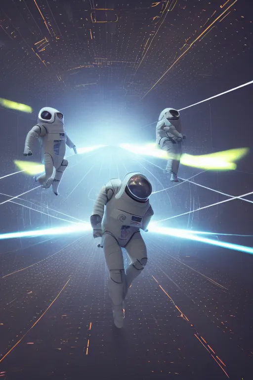 Image similar to wide view of futuristic spacemen firing lasers in zero gravity, floating, in the sky, bright white light, hiding behind obstacles, surrounded by a square laser grid, unreal engine, lensflares, low perspective, fish eye