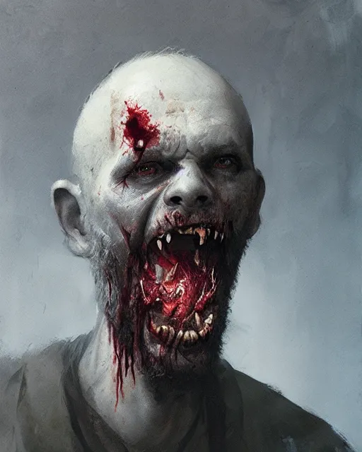 Image similar to hyper realistic photo portrait bearded zombie tongue out cinematic, greg rutkowski, james gurney, mignola, craig mullins, brom