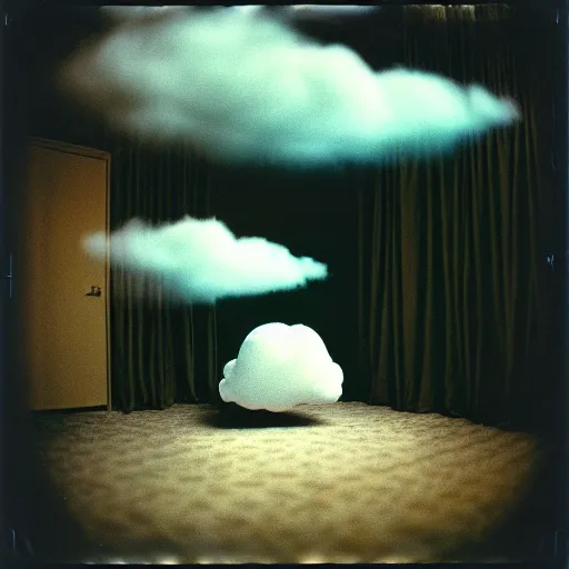 Prompt: kodak portra 4 0 0, wetplate, 3 5 mm, award winnin photo of a room with a singular cloud floating inside it