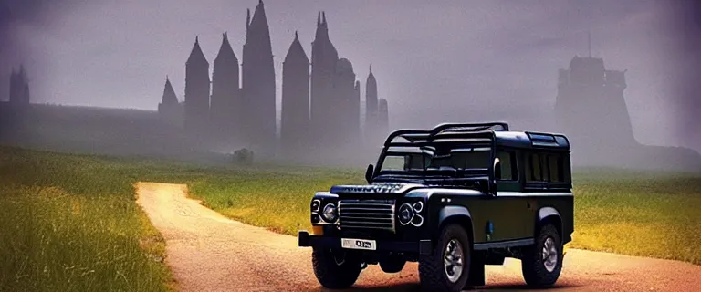 Image similar to Land Rover Defender 110 (1985), an epic fantasy, dramatic lighting, cinematic, establishing shot, extremely high detail, photorealistic, cinematic lighting, artstation, by simon stalenhag, The Elder Scrolls IV: Oblivion, Green Cyrodiil plains, Imperial City with the Adamantine Tower in the middle in the distance, Adamantine Tower in the distance, at day