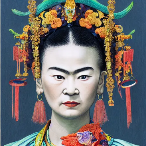 Image similar to ancient chinese goddess, luan bird, artstation, by frida kahlo, by yoshitaka amano, illustration, cinematic, closeup - view, cinecolor, insanely detailed and intricate, hypermaximalist, elegant, ornate, hyper realistic, super detailed, character design, symmetrical face