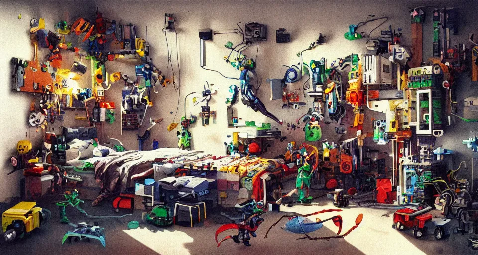 Image similar to IKEA catalogue photo, cyberpunk childrens bedroom, toys, lego, robots, drawings by Beksiński