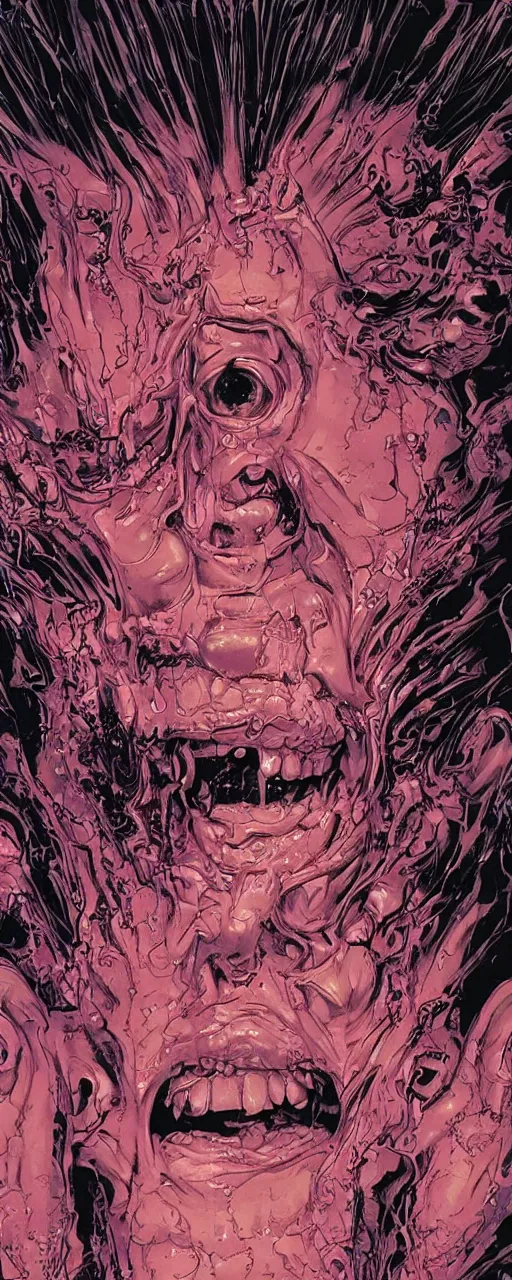 Image similar to closeup of face melting in agony, inside dark oil, frontal picture, by masamune shirow, josan gonzales and dan mumford