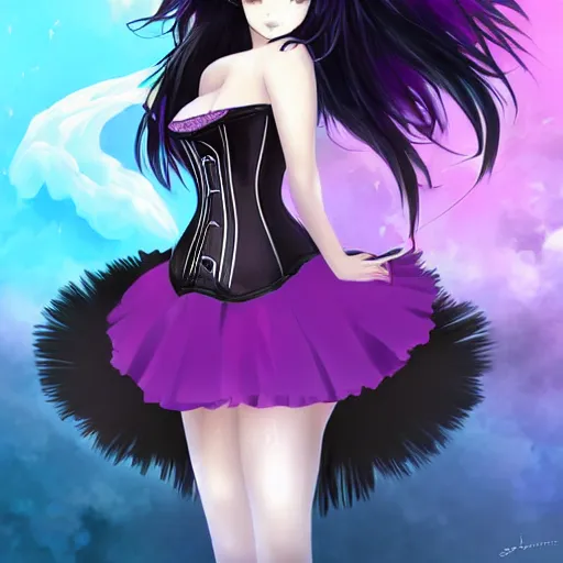 Prompt: a beautiful anime woman with long black hair, wearing a black corset top and a purple tutu, digital art, fantasy art