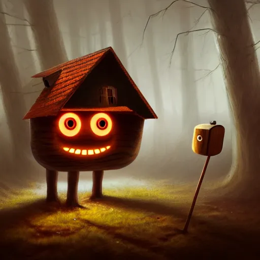 Prompt: a walking wood house with two mechanical legs and two glowing eyes and a mouth, rust, hyperrealistic, pareidolia, highly detailed, cinematic, single ray of sun, fog, beautiful, cgssociety, artstation, 8 k, oil painting