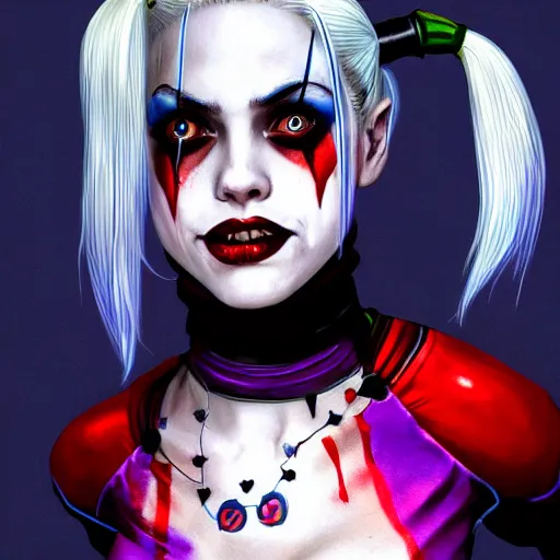 Image similar to Harley Quinn from the suicide squad, portrait, playful, fantasy, medieval, beautiful face, vivid colrs, elegant, concept art, sharp focus, digital art, Hyper-realistic, 4K, Unreal Engine, Highly Detailed, HD, Dramatic Lighting by Brom, trending on Artstation,