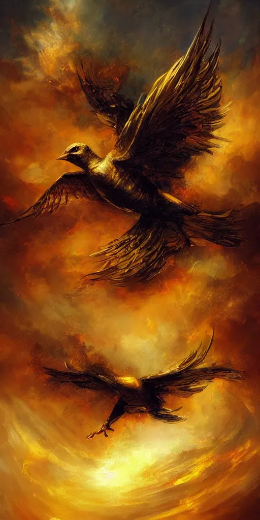 Image similar to a painting of a golden bird flying through the sky, poster art by raymond swanland, deviantart, fantasy art, wiccan, deviantart, mystical