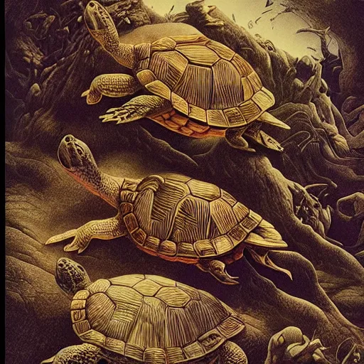 Image similar to turtles all the way down, surrealism, fractalism, strange, hyperdetailed, photorealistic, interesting, benoit b. mandelbrot, m. c. escher, patrick woodroffe, ernst fuchs, zdzisław beksinski, id magazine, octane, cinematic, hyperrealism, 8 k, depth of field, bokeh