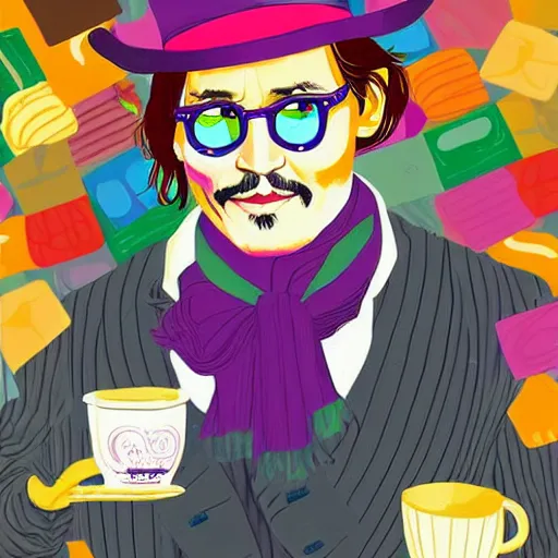 Prompt: Johnny Depp is covered in a blanket and drinking tea in Willy Wonka's Chocolate Factory, Illustration, Colorful, by Liu Wei