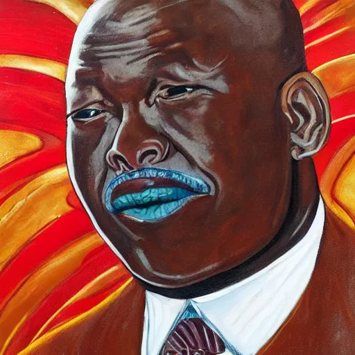 Prompt: a painting of a loving, caring fatherly wide forehead, aquiline nose, round face, XXL , generous, ever-present, humble, wise elder from Kenya in a silver suit and red tie by Wangechi Mutu . Fatherly/daddy, focused, loving, leader, relaxed. Gold background, heavenly lights, details, smooth, sharp focus, illustration, realistic, cinematic, artstation, award winning, rgb , unreal engine, octane render, cinematic light, macro, depth of field, blur, light and clouds, highly detailed epic cinematic concept art CG render made in Maya, Blender and Photoshop, octane render, excellent composition, dynamic dramatic cinematic lighting, aesthetic, very inspirational, arthouse.