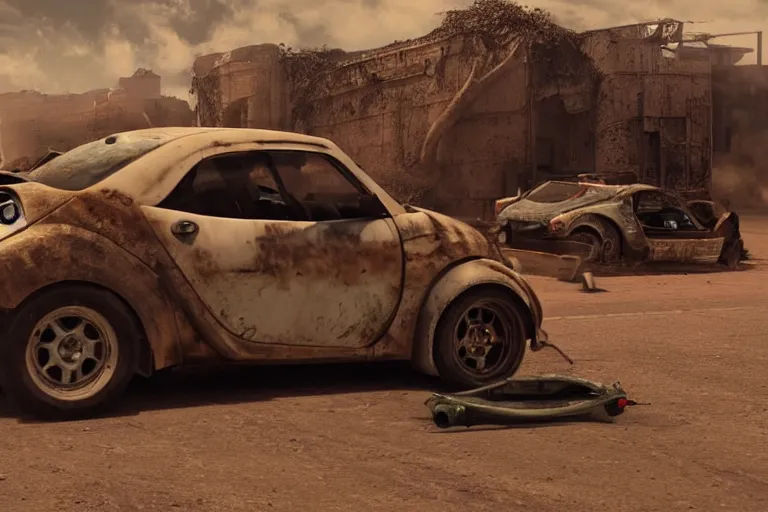 Prompt: smart cars driving in Mad Max Road Warrior, rusted, cobbled together smart car R34 GTR, screenshot, cinematic Eastman 5384 film