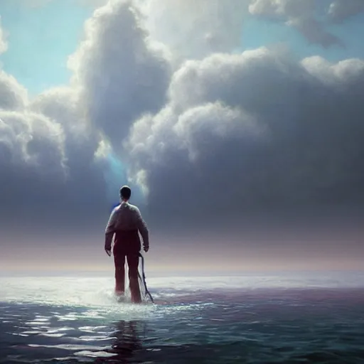 Image similar to A man made of clouds walking over a blood ocean, masterpiece, ultra detailed, unreal engine 5, illustration, Albert Bierstadt and Henri.