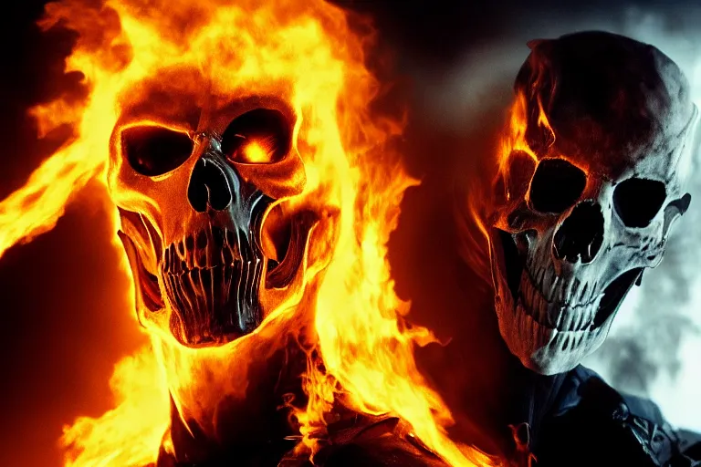 Prompt: Ghost Rider headshot photo, dramatic lighting, highly stylized, high-quality wallpaper, desktopography