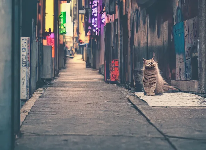 Image similar to photography of a Cat sitting on a box. in a cyberpunk street, award winning photo, colors, 100mm, sharp, high res