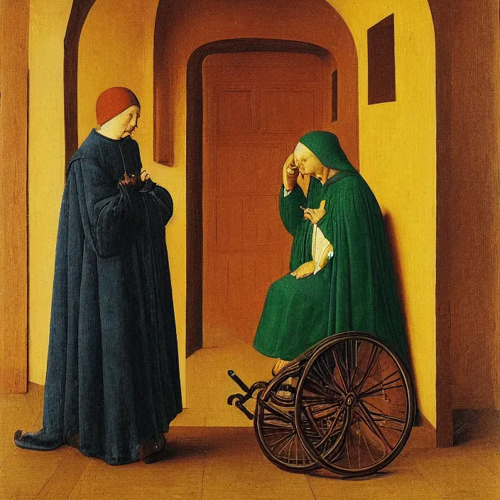 Image similar to a sad woman in a wheelchair, by Jan van Eyck