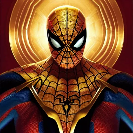 Image similar to spiderman from marvel comics 4 0 k emperor, gold, portrait, intricate, elegant, highly detailed, digital painting, artstation, concept art, wallpaper, smooth, sharp focus, illustration, art by h. r. giger and artgerm and greg rutkowski and alphonse mucha