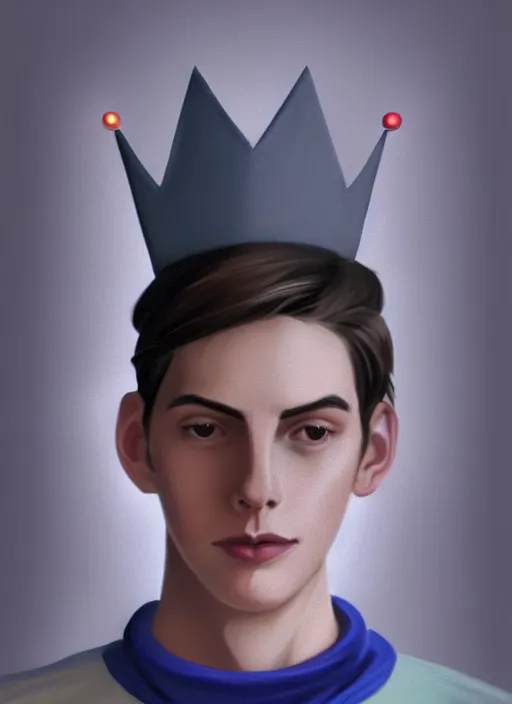 Image similar to portrait of teenage jughead jones wearing a light grey crown, crown, blue turtleneck, 1 9 5 0 s, closed eyes, photorealistic, black hair, glowing lighting, intricate, elegant, glowing lights, highly detailed, digital painting, artstation, concept art, smooth, sharp focus, illustration, art by wlop, mars ravelo and greg rutkowski