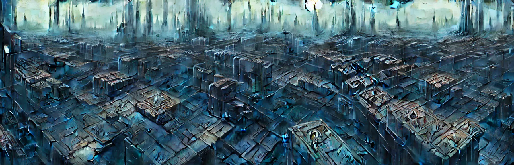 Image similar to abstract futuristic sci-fi cyberpunk city, birds eye view, detailed, matte painting, Lee Madgwick, Denis Sarazhin, artstation, unreal engine 5