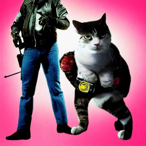 Prompt: poster for an 8 0 s action buddy cop film where the main character is a cat holding a gun