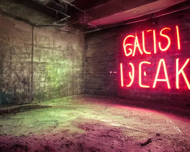 Image similar to An abandoned industial basement lit by a neon sign that says GAK, GAK sign, basement, cinematography by Robby Müller, GAK basement, industrial