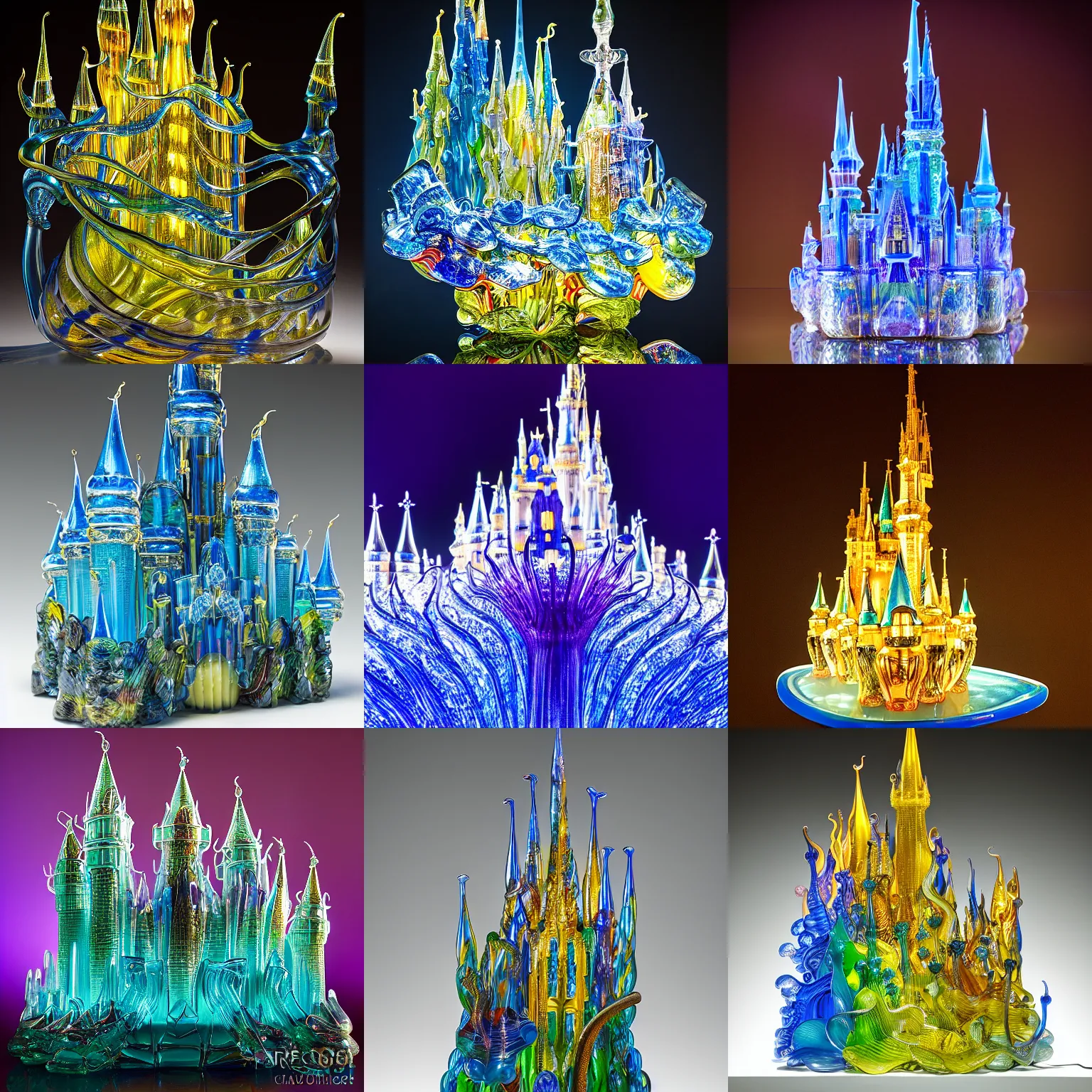 Prompt: Glass sculpture in the shape of Cinderella Castle by Dale Chihuly, product photography, studio lighting