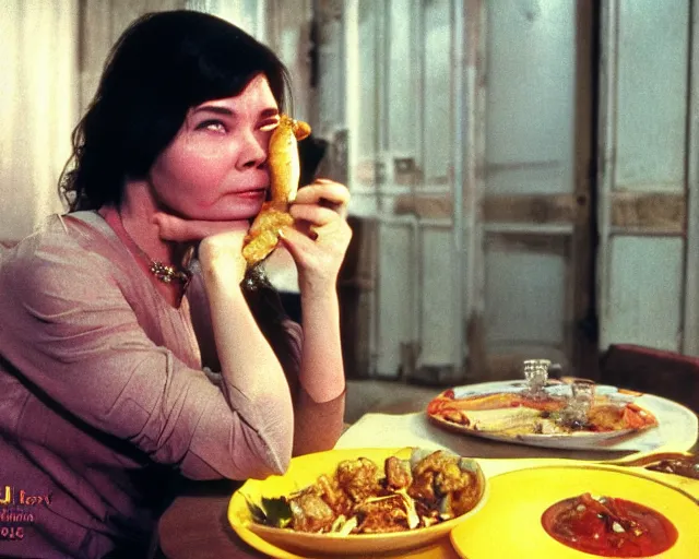 Image similar to 1 9 7 9 a soviet movie still a bjork sitting at a table with a plate of food in dark warm light, a character portrait by nadya rusheva, perfect symmetric coherent face, featured on cg society, neo - fauvism, movie still, 8 k, fauvism, cinestill, bokeh, gelios lens