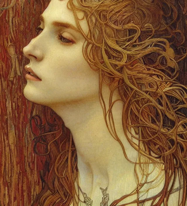 Image similar to detailed realistic beautiful young medieval queen face portrait by jean delville, alphonse mucha, vincent van gogh, and marco mazzoni, art nouveau, symbolist, visionary, gothic, pre - raphaelite