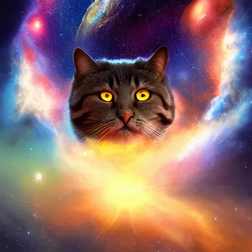 Image similar to all knowing galaxy cat god of the celestial cosmos, trending on artstation, nasa photos, 4 k, hyper realism, high detail, cinematic, cinematic lighting, epic, realistic, fantasy