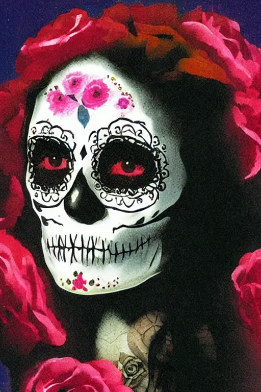 Prompt: Illustration of a sugar skull day of the dead girl, art by john harris