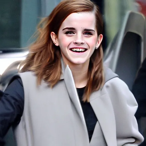 Prompt: emma watson unapologetically grinning from her car window, paparazzi photo, tabloid, flash photography