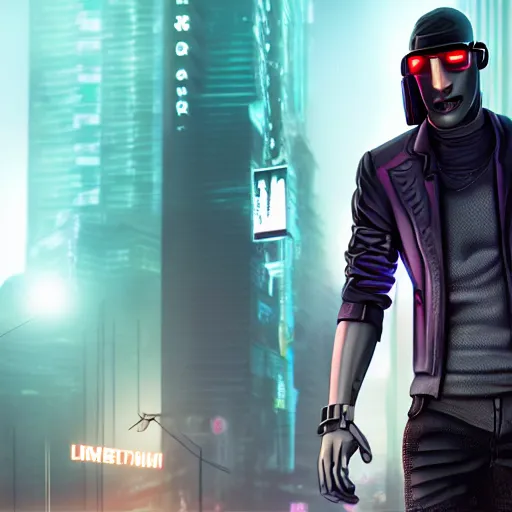 Image similar to cyberpunk men holding a cool watch walking in the middle of a cyberpunk street the background is a cyber street the weather is rainy and foggy photo - realistic