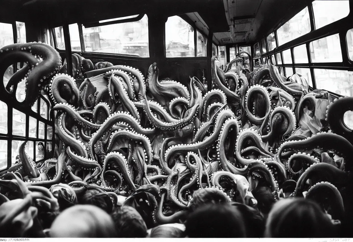 Image similar to 1 6 mm lens photo of a interior of a crowded bus in a moment of terror, there is a huge monster octopus trying to break in, octopus beak can be seen, arms creeping in thrugh the windows, people are scared and screaming while trying to flee through the windows and doors,