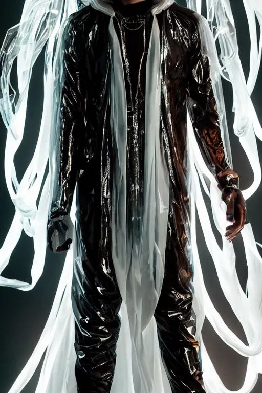 Image similar to full-body baroque and cyberpunk style neon statue of a attractive translucent Zayn Malik as a humanoid deity wearing a thin see-through plastic hooded cloak sim roupa, posing like a superhero, glowing white face, crown of white lasers, large diamonds, swirling white silk fabric. futuristic elements. oozing glowing liquid, full-length view. space robots. human skulls. throne made of bones, intricate artwork by caravaggio. Trending on artstation, octane render, cinematic lighting from the right, hyper realism, octane render, 8k, depth of field, 3D