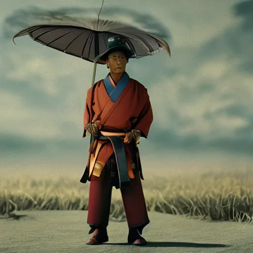 Image similar to cinematic film still Pharrell Williams starring as a Samurai holding fire, Japanese CGI, VFX, 2003, 40mm lens, shallow depth of field,film photography