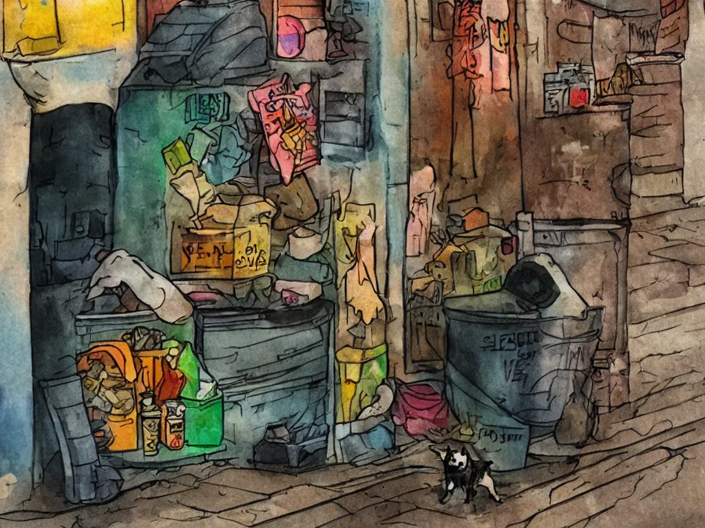 Prompt: a little alley dog living inside trash at night in downtown, in the style of kahlo and matisse
