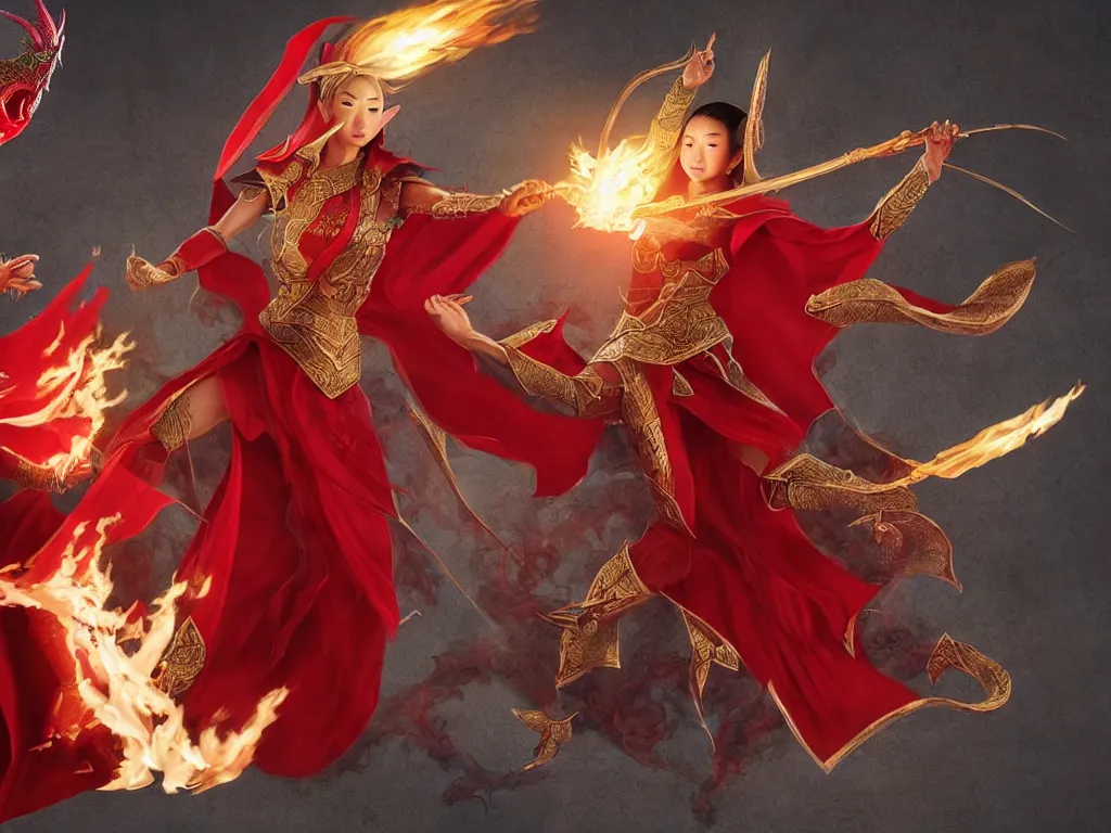 Image similar to a realistic asian fantasy illustration of a female elf mage in a scale mail and a red cape casting a fire spell in a shape of a dragon